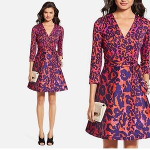 DVF Amelia Silk Combo Flared Wrap Dress In Vintage Leopard size 4